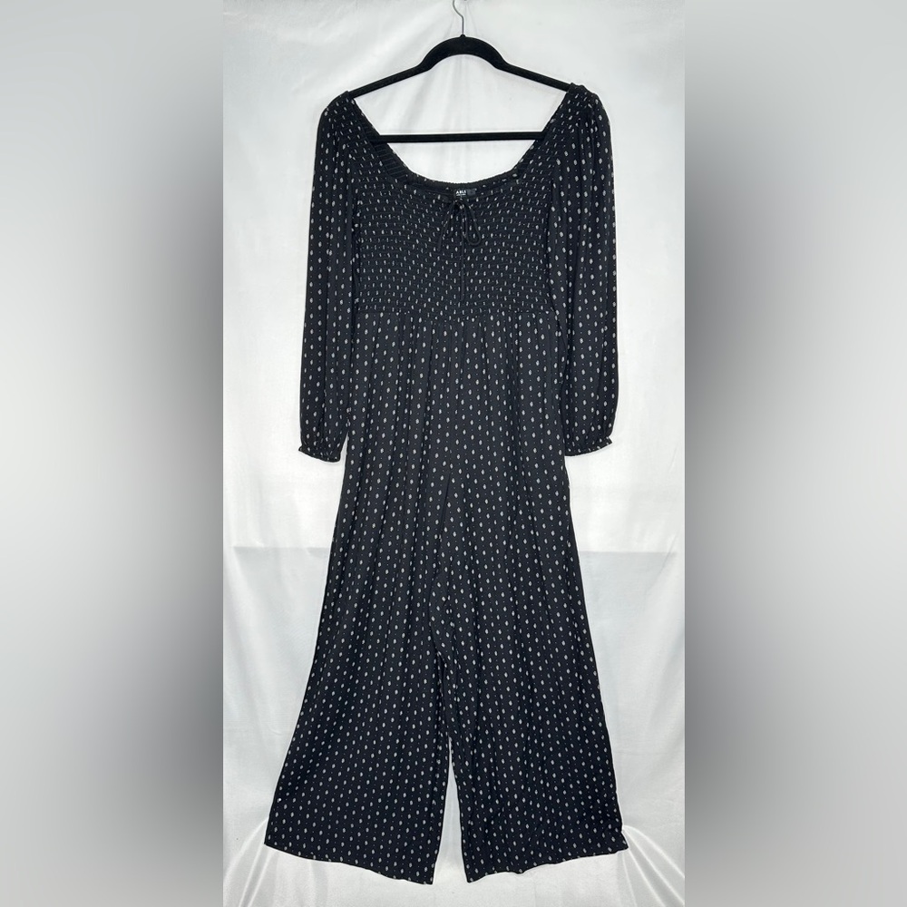 ABLE Marion Smocked Jumpsuit Black Diamond Dot Sz L‎